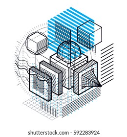 Abstract vector background with isometric lines and shapes. Cubes, hexagons, squares, rectangles and different abstract elements.