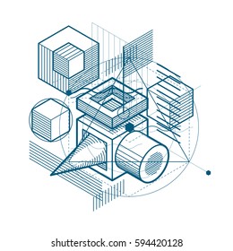 Abstract vector background with isometric lines and shapes. Cubes, hexagons, squares, rectangles and different abstract elements.