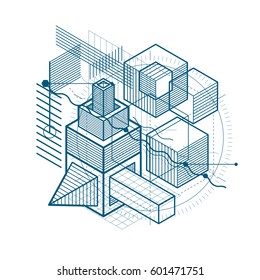 Abstract vector background with isometric lines and shapes. Cubes, hexagons, squares, rectangles and different abstract elements.