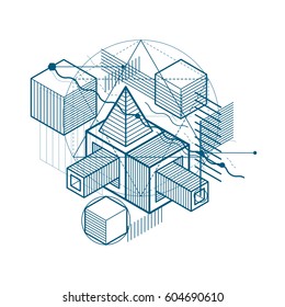 Abstract vector background with isometric lines and shapes. Cubes, hexagons, squares, rectangles and different abstract elements.