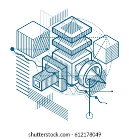 Abstract vector background with isometric lines and shapes. Cubes, hexagons, squares, rectangles and different abstract elements.