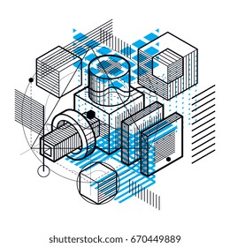Abstract vector background with isometric lines and shapes. Cubes, hexagons, squares, rectangles and different abstract elements.