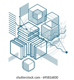 Abstract vector background with isometric lines and shapes. Cubes, hexagons, squares, rectangles and different abstract elements.