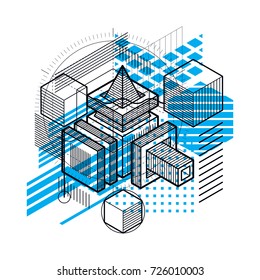 Abstract vector background with isometric lines and shapes. Cubes, hexagons, squares, rectangles and different abstract elements.