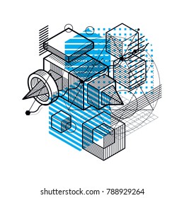 Abstract vector background with isometric lines and shapes. Cubes, hexagons, squares, rectangles and different abstract elements.