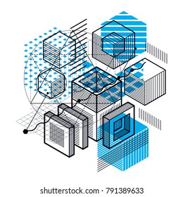 Abstract vector background with isometric lines and shapes. Cubes, hexagons, squares, rectangles and different abstract elements.