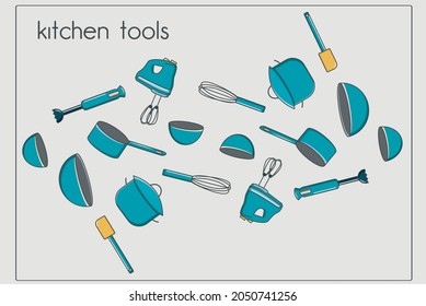 Abstract Vector Background With Kitchen Tools. Set Cooking Instruments Ladle, Saucepan, Bowl, Mixer, Blender, Spatula, Whisk