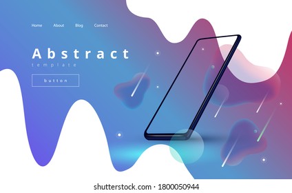 abstract vector background for landing page with floating shapeless drops, white waves and smartphone