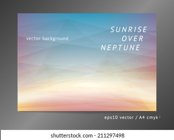 Abstract vector background with light beam, sunrise, polygonal color surfaces, and electric arc effect on soft deep space mesh field.