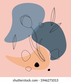 Abstrakter Vektorhintergrund. Line Art mit einer Tulpe, Blätter und Steine mit blauen und orangefarbenen Splash.