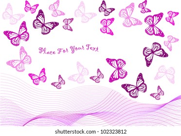 abstract vector background with lines,waves and butterfly silhouettes in pink and violet colors with place for your text isolated on white background