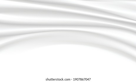 Abstract vector background. Luxury white silk or liquid wave. White and gray fabric with smooth texture for show product. Rippled wavy milk. Shiny  fabric. Cloth soft wave. Creases of satin or cotton.