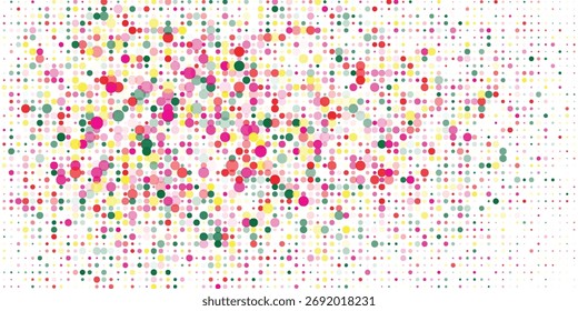 Abstract vector background made of colorful overlapping dots in pink, red, yellow, and green tones, creating a lively and playful dotted pattern on a white surface.