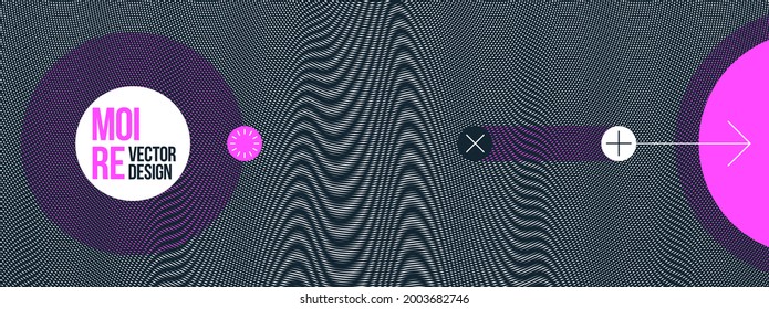 Abstract vector background made with linear Moire, op art effect surreal texture, sound and music waves theme, black and white grid abstraction.