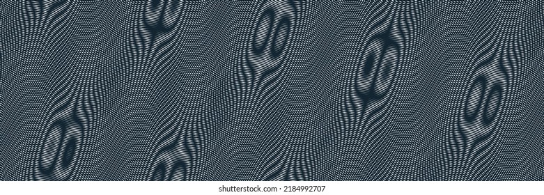 Abstract vector background made with linear Moire, op art effect surreal texture, sound and music waves theme, black and white grid abstraction.