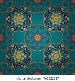 Abstract vector background with mandalas. Vector illustration. Unique geometric bright swatch in blue, orange and brown colors. Creative decoration for wallpaper, clothes, textile.