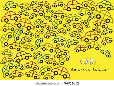 abstract vector background with many colorful cars isolated on yellow background with place for your text