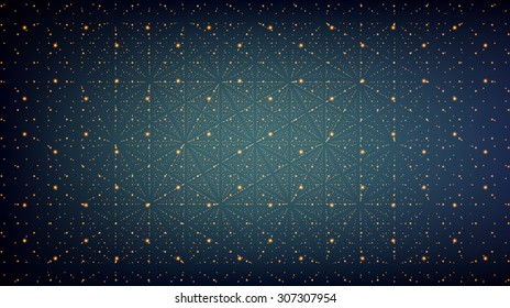 Abstract vector background. Matrix of glowing stars with illusion of depth and perspective. Abstract futuristic space background.