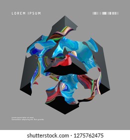 Abstract vector background. Modern composition with black cube and multi-colored entrails, wall art poster template.