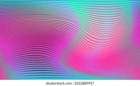 Abstract vector background in modern optical art style with wavy, curved black lines over vibrant pink, purple, green, and blue gradient colors. Dynamic, energetic, and futuristic visual effect.