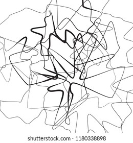 Abstract vector background with monochrome random intersecting lines. Tangled asymmetrical illustration