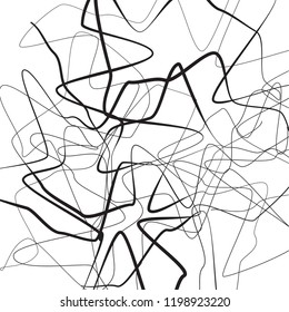 Abstract vector background with monochrome random intersecting lines. Tangled asymmetrical illustration