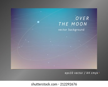 Abstract vector background with moonlight, sunrise, polygonal color surfaces with semi-transparent connecting lines, elliptical planet orbit, and dawn gradient effect on soft deep space mesh field. 