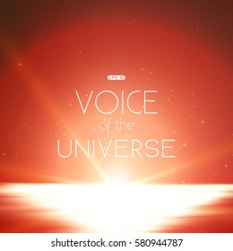 Abstract vector background with morning landscape and sky with stars. Glow of rising sun over the water surface. Morning on distant planet. Sparkles of alien stars. Glowing solar path on surface.
