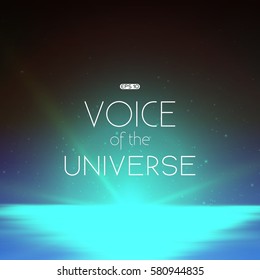 Abstract vector background with morning landscape and sky with stars. Glow of rising sun over the water surface. Morning on distant planet. Sparkles of alien stars. Glowing solar path on surface.