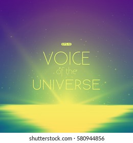 Abstract vector background with morning landscape and sky with stars. Glow of rising sun over the water surface. Morning on distant planet. Sparkles of alien stars. Glowing solar path on surface.