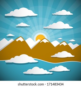 Abstract Vector Background with Mountains, Clouds, Blue Sky and Sun