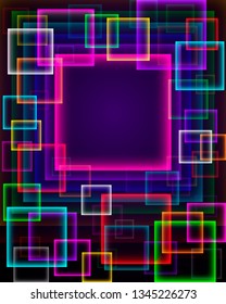 Abstract vector background with multicolor bright neon cquares and with place for text.