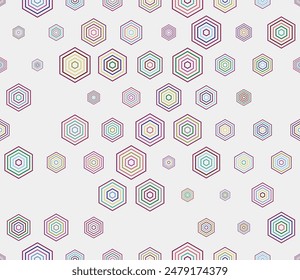 Abstract vector background. Multicolored geometric elements of varied size. Simple stacked hexagons. Honeycomb cells. Tileable pattern. Seamless vector illustration.