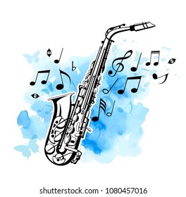 Abstract vector background with music notes and saxophone on a blue watercolor texture