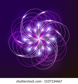 Abstract vector  background with neon glowing light in techno style. Virtual reality,laser show, technology, fantasy element. Illustration for advertising, banner, card logo design with flare on dark.