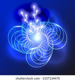 Abstract vector  background with neon glowing light in techno style. Virtual reality,laser show, technology, fantasy element. Illustration for advertising, banner, card logo design with flare on dark.