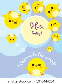 Abstract vector background, neutral background, vector illustration, cartoon illustration, birthday card, cute yellow chicken