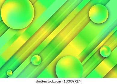 Abstract vector background of oblique rectangles and gradient balls with shadow. Dynamic vibrant color illustration. Yellow and green gradient