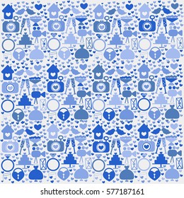 abstract vector background on the theme of the wedding. Doodles. cake, dress, camera, doves, ring, etc. It can be used for greeting cards, advertisements, brochures, background, textile, fabrics, etc.