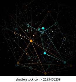 Abstract vector background. Orange and cyan dots connected by lines. Lines plexus in 3d. Vector illustration.