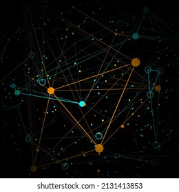 Abstract vector background. Orange and cyan dots connected by lines. Lines plexus in 3d. Vector illustration.