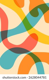 Abstract vector background with organic shapes overlay effect in warm orange, red, turquoise and yellow tones. Modern template for art and creative projects, advertising, banner, cover, poster, sale