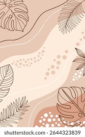 Abstract vector background with organic wavy shapes, dotted lines, and tropical leaf outlines. Features monstera and palm fronds in a vertical format. The color palette includes neutral earthy tones.