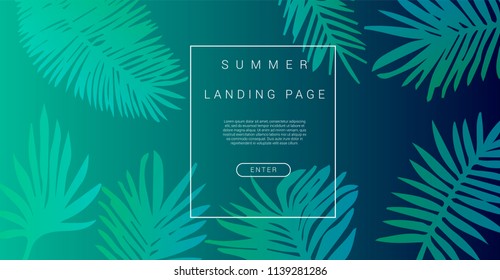 Abstract vector background with palm and tropical leaves on green background. Design template for landing start page for summer and vacation theme.