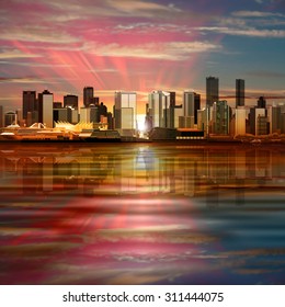 abstract vector background with panorama of city and pink sky