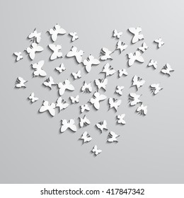 Abstract vector background with paper  butterfly in the heart form. 