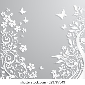 Abstract vector background with paper flowers and butterflies.