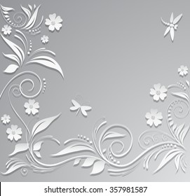 Abstract vector background with paper flowers, butterfly and dragonfly.