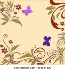 Abstract vector background with paper flowers and butterflies.