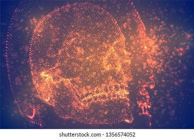 Abstract vector background with particles in the form of a human skull. orange decay